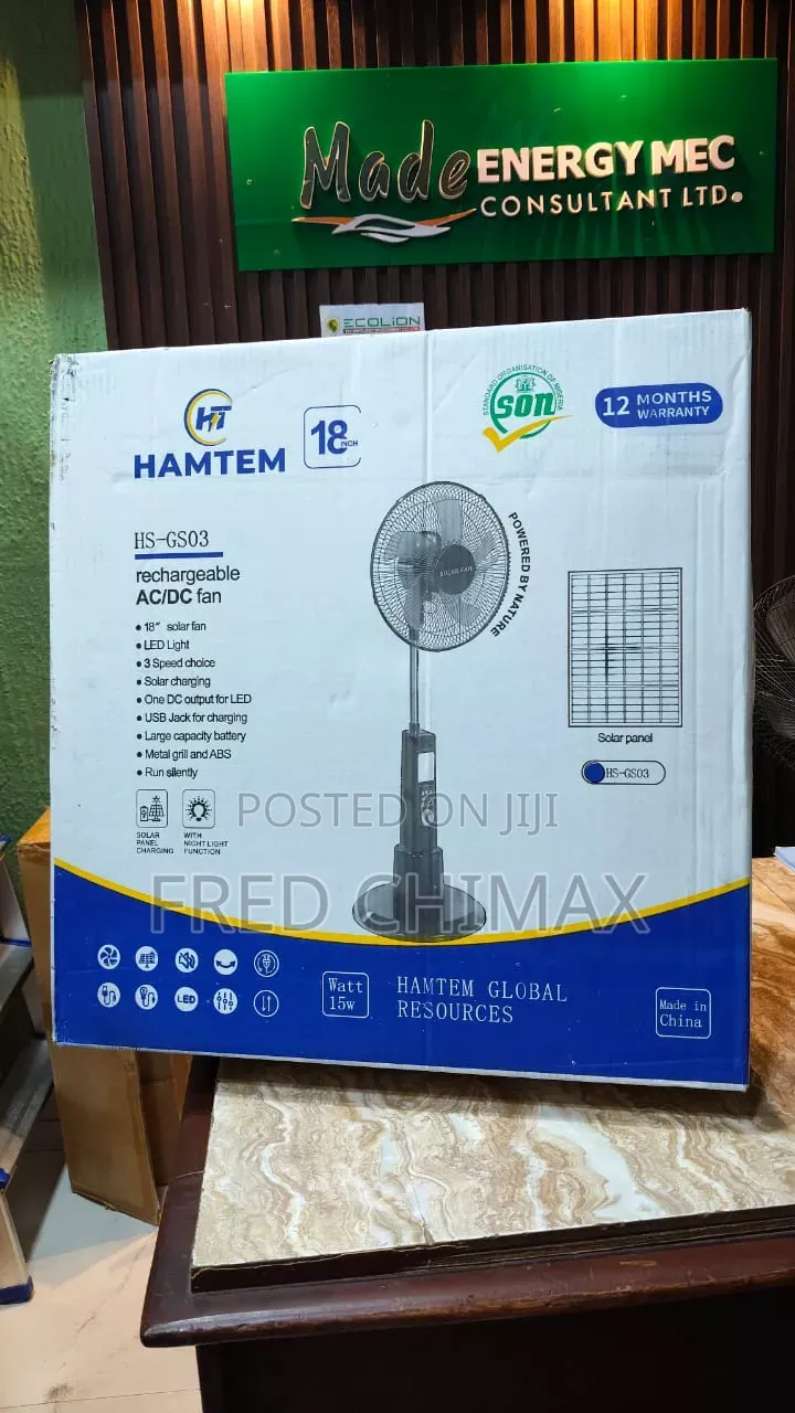 Hamtem 18" Inches Solar Rechargeable Standing Fan