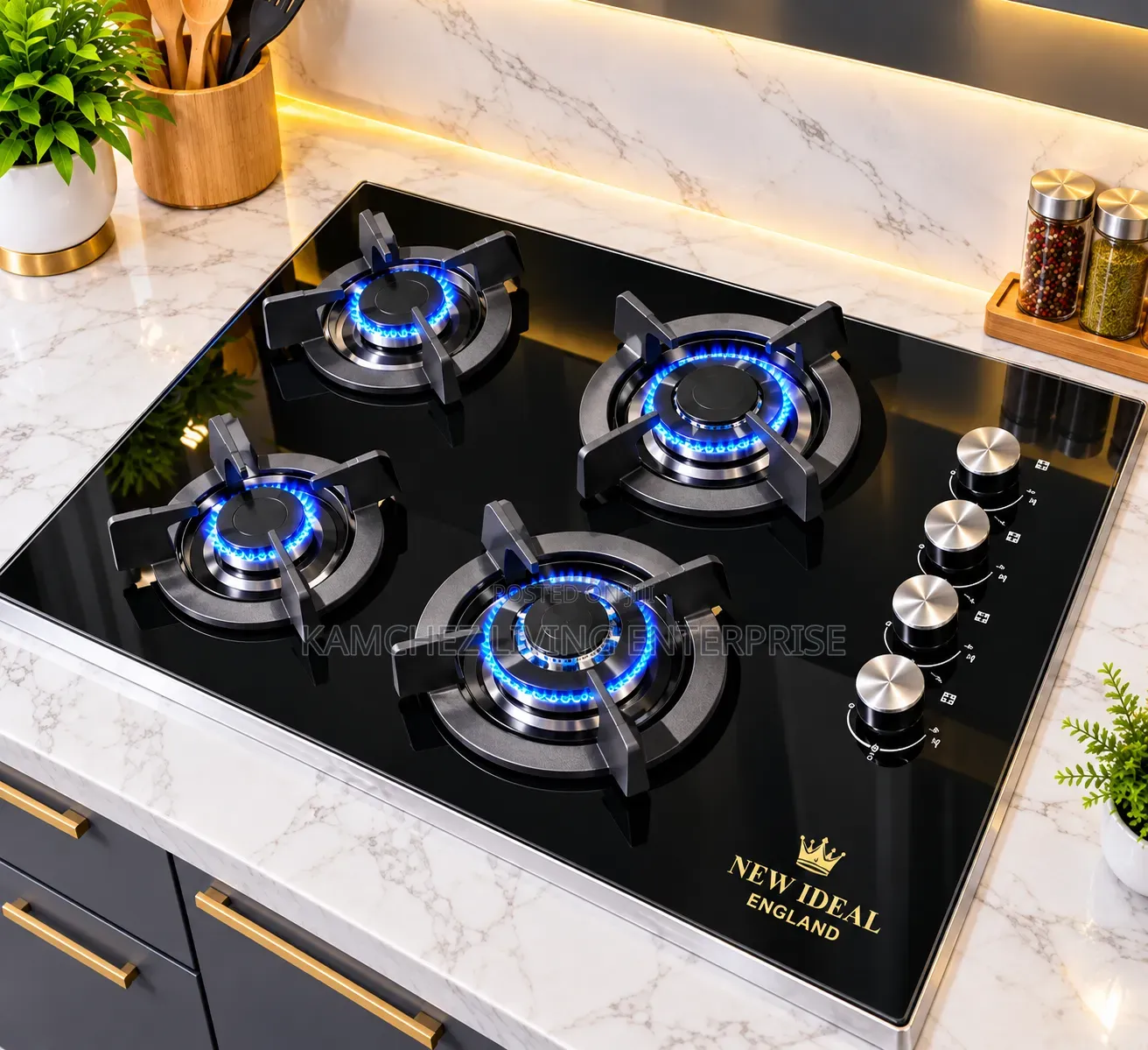 New Ideal England 4 Burner Built in Gas Cooker - Black Tampered Glass