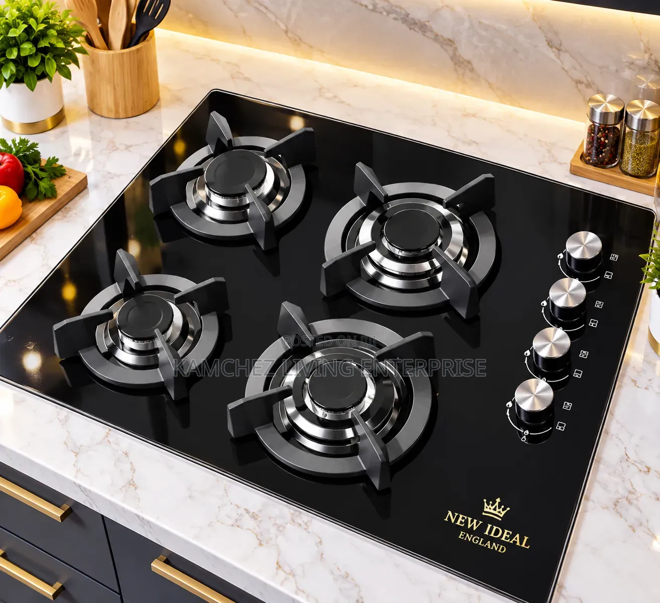 New Ideal England 4 Burner Built in Gas Cooker - Black Tampered Glass