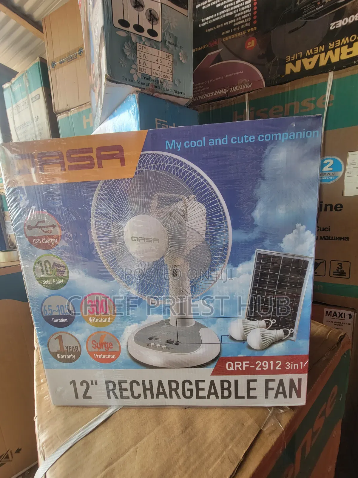 Qasa Rechargeable Fan With Solar Panels and 2 Bulbs