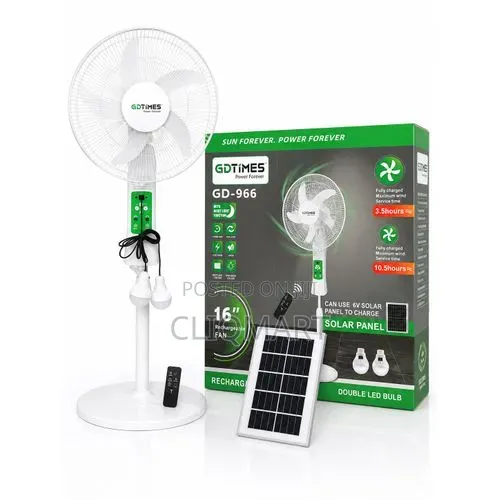 GDTiMES 16" Rechargeable Fan – Solar Panel With Night Light Dual LED