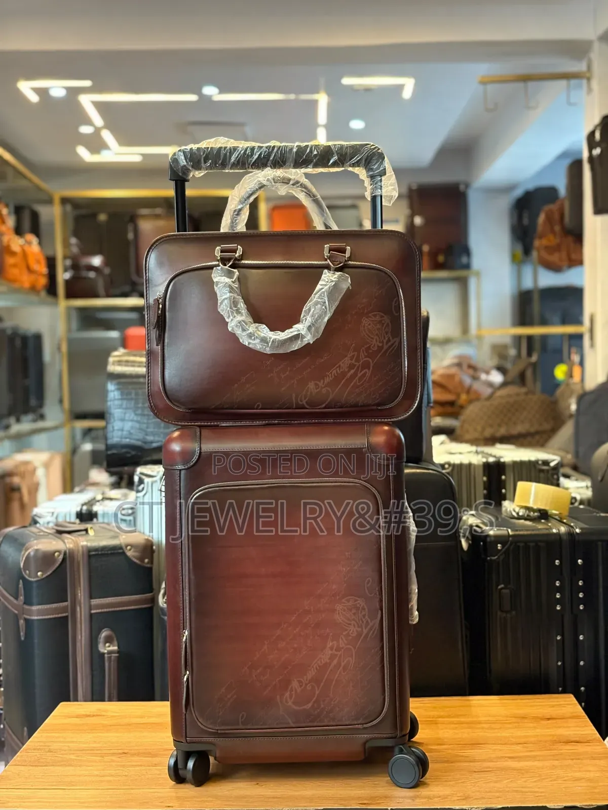 Set of Vintage-Style Rolling Leather Luggage Briefcases