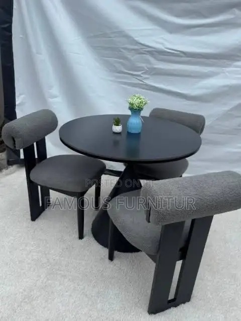 3-Seater Minimalist Round Dining Set With Black Wooden Frames and Crea
