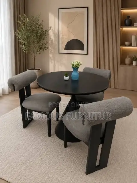 3-Seater Minimalist Round Dining Set With Black Wooden Frames and Crea