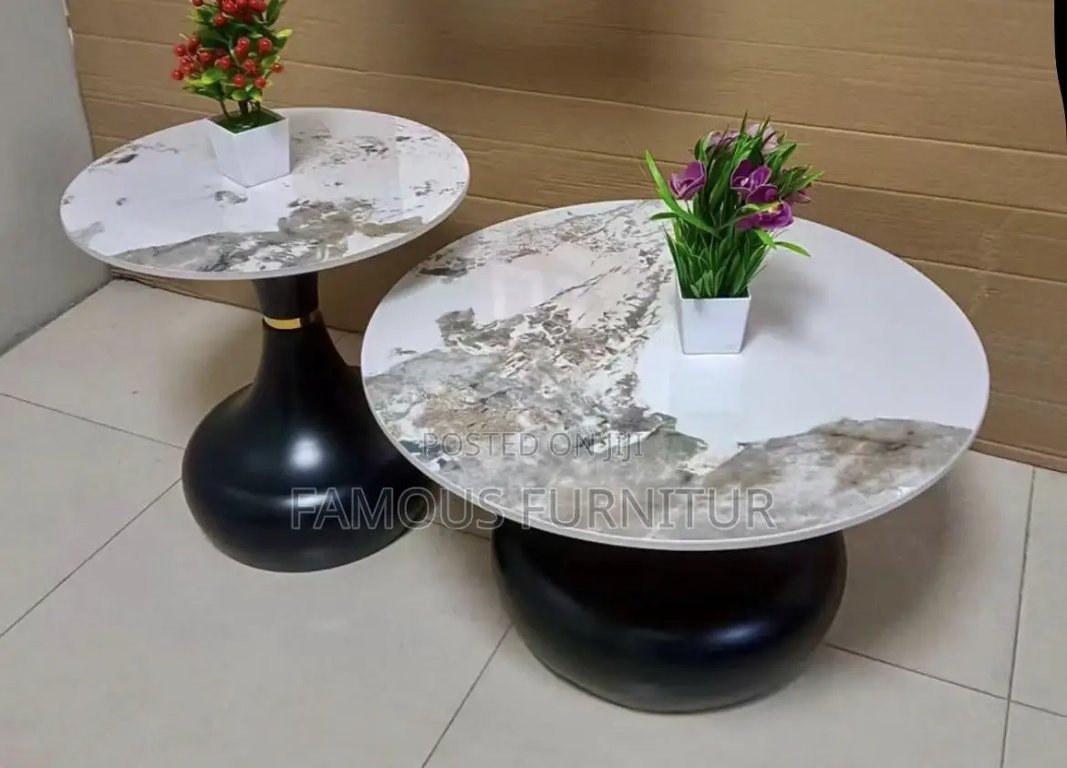Modern Set of Round Coffee Tables Smooth White Marble Top.