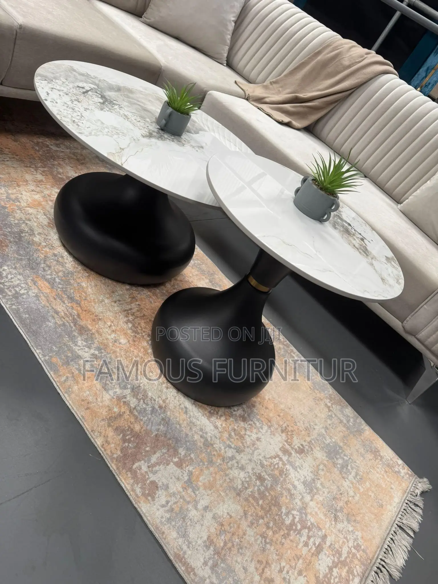Modern Set of Round Coffee Tables Smooth White Marble Top.