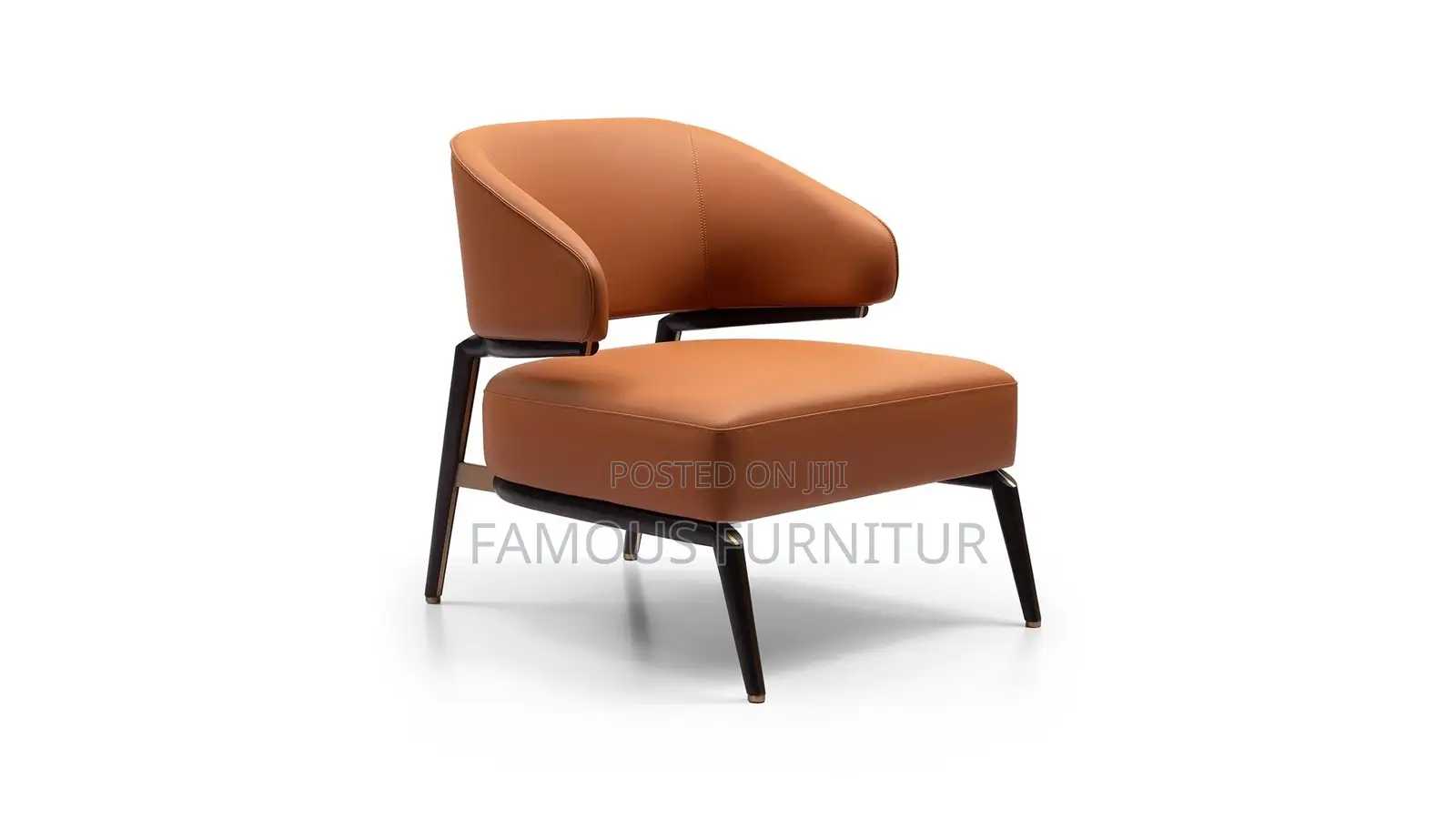 Tan Leather Accent Chair With Curved Armrests and Black Metal Legs,