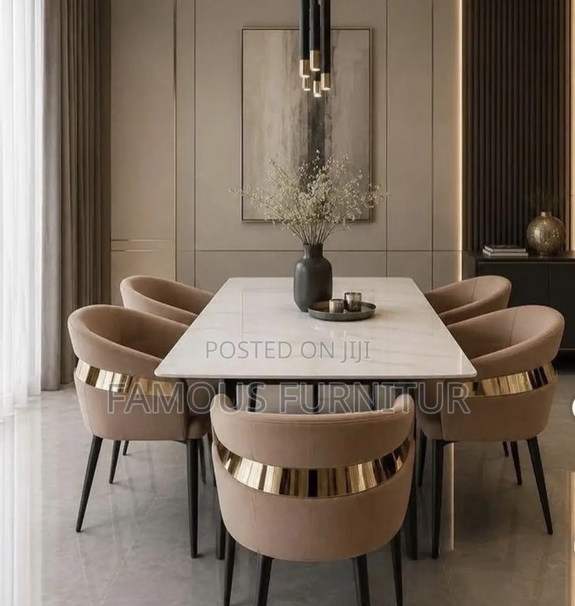 Modern 6-Seater Luxury Dining Set With White Marble-Table Curved Chair
