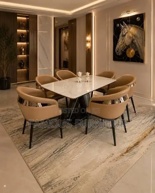 Modern 6-Seater Luxury Dining Set With White Marble-Table Curved Chair