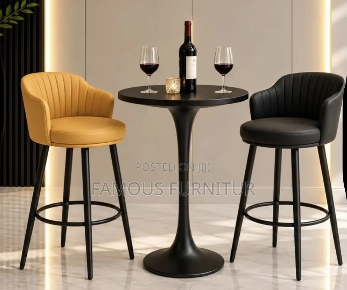 Modern Channel-Stitched Leather Bar Stools Featuring Curved Armrests