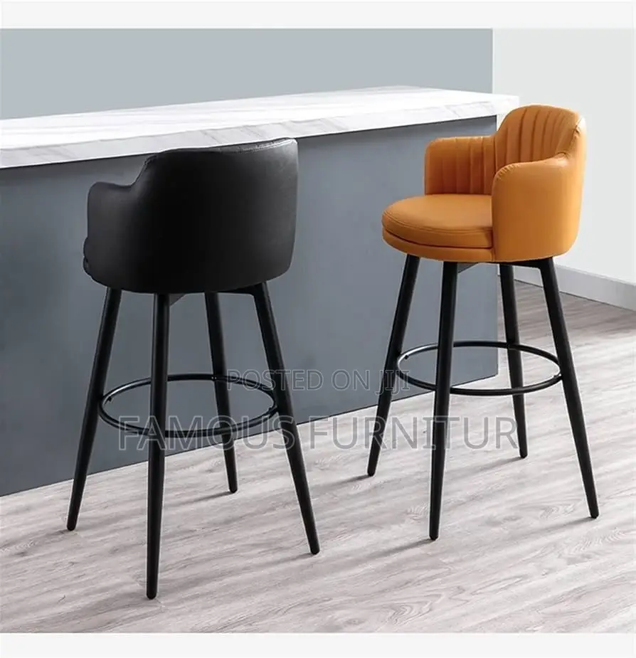 Modern Channel-Stitched Leather Bar Stools Featuring Curved Armrests