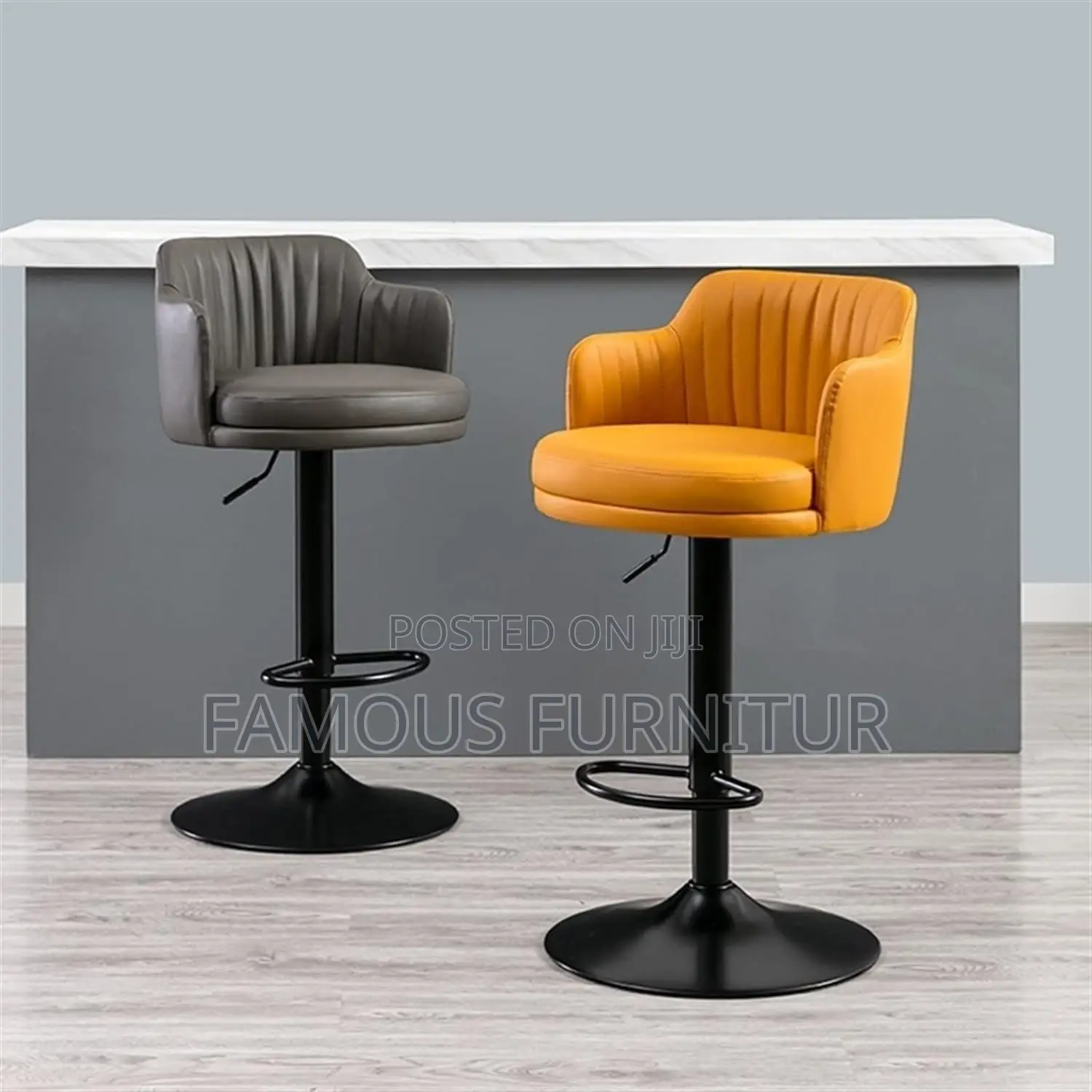 Modern Channel-Stitched Leather Bar Stools Featuring Curved Armrests