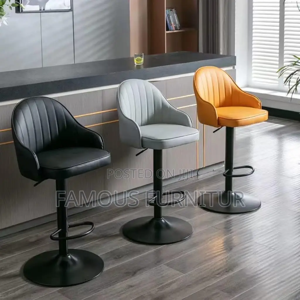 Modern Channel-Stitched Leather Bar Stools Featuring Curved Armrests