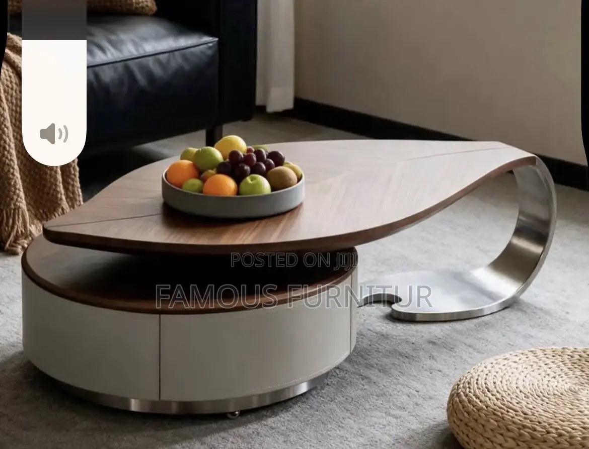 Modern Leaf-Shaped Coffee Table With Wooden Top and -in Storage Drawer