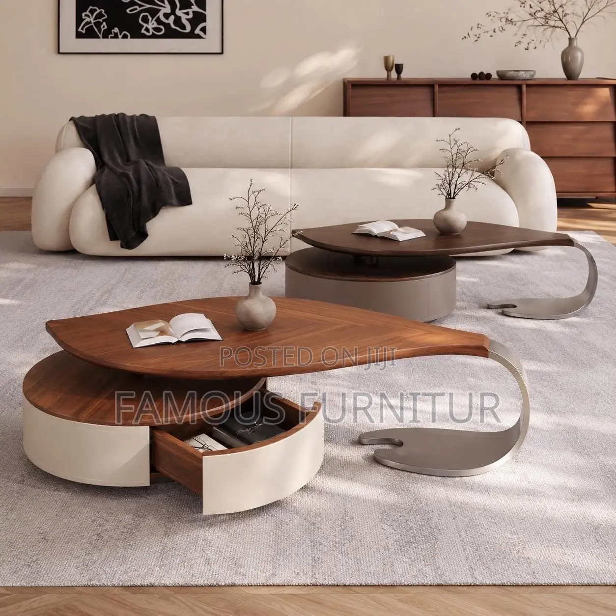 Modern Leaf-Shaped Coffee Table With Wooden Top and -in Storage Drawer