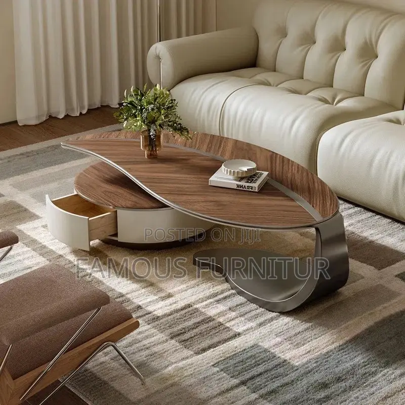 Modern Leaf-Shaped Coffee Table With Wooden Top and -in Storage Drawer