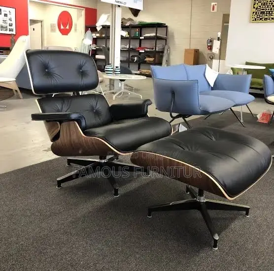Eames-Style Lounge Chair and Ottoman Black Leather With a Wooden