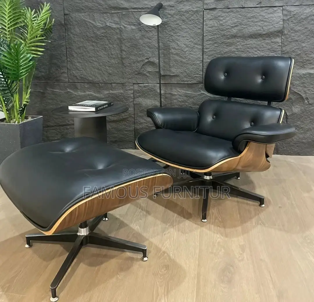 Eames-Style Lounge Chair and Ottoman Black Leather With a Wooden