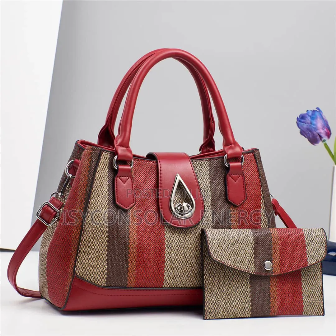 Red and Beige Striped PU Leather Handbag