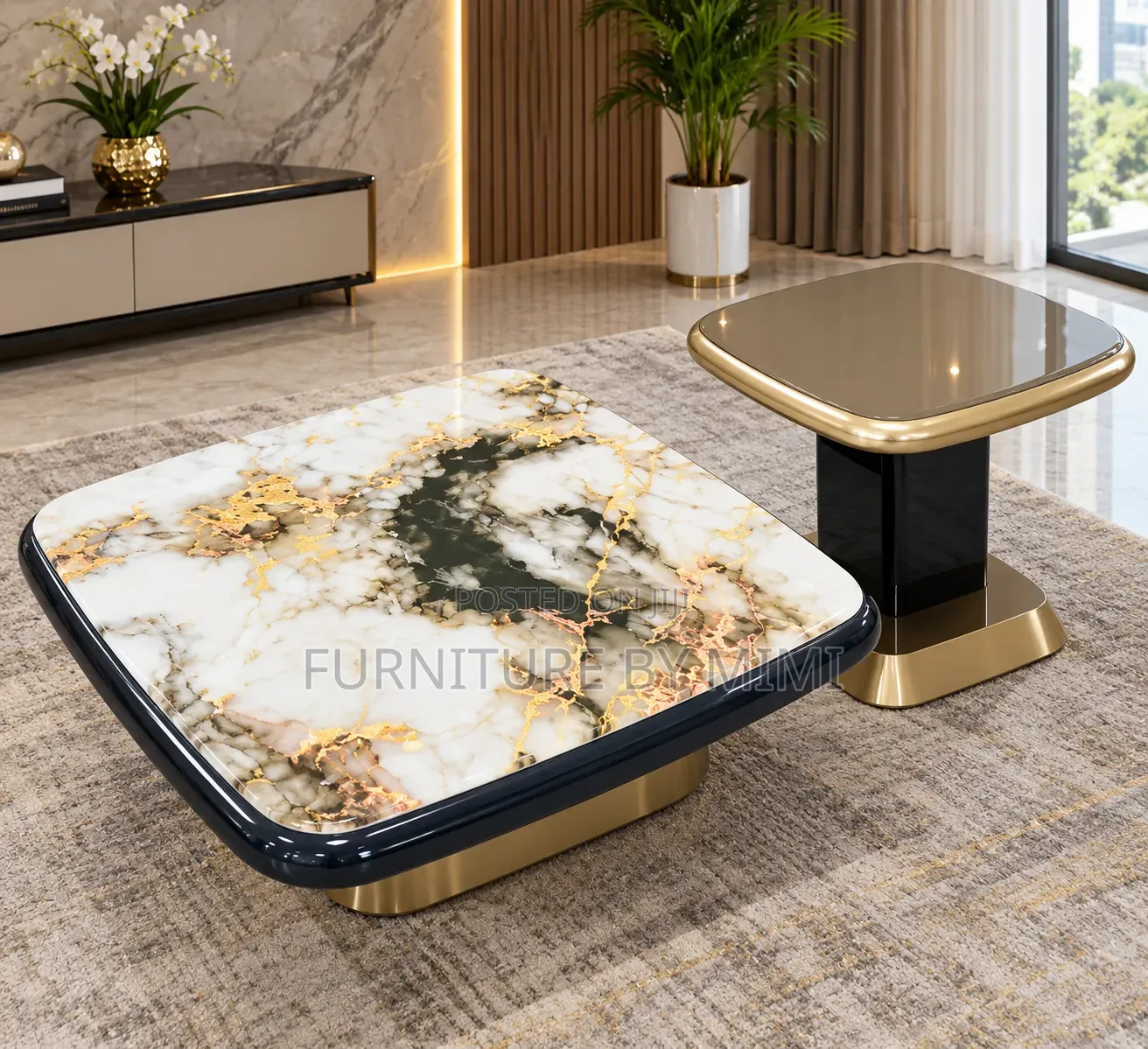 Luxury Patagonia Marble Center Table Set With Matching Side Stool