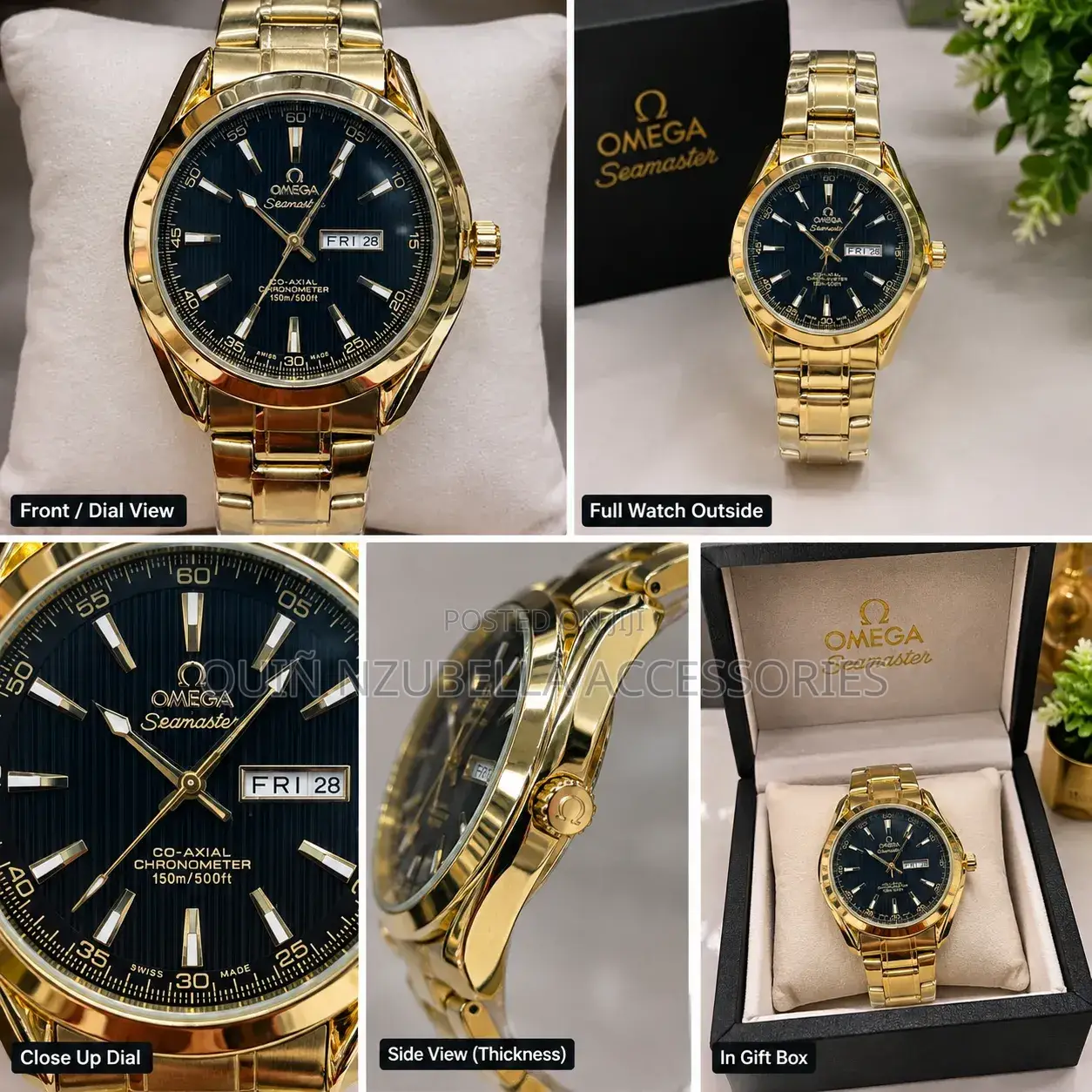 Luxury Gold Black Seamaster-Style Men's Wristwatch – Premium Chain
