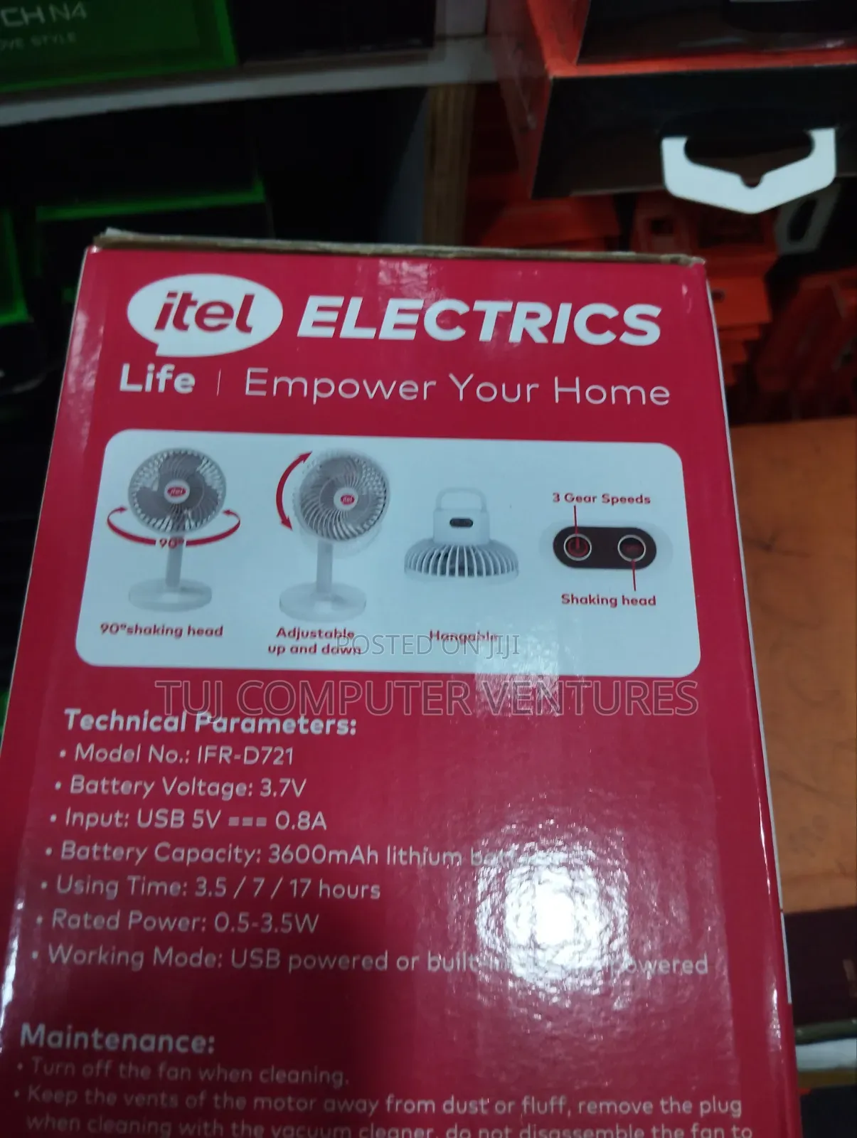 Itel 8" 3600mah Rechargeable Fan