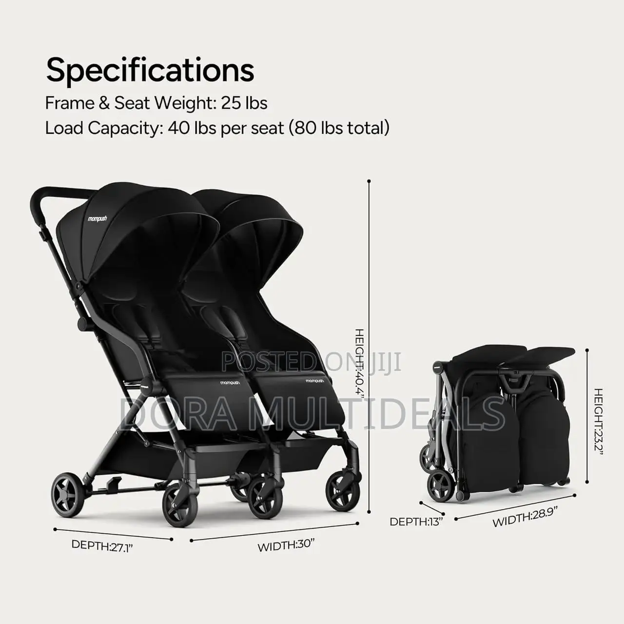 Mompush Lithe Double, Twin Stroller, Lightweight Airline Approved