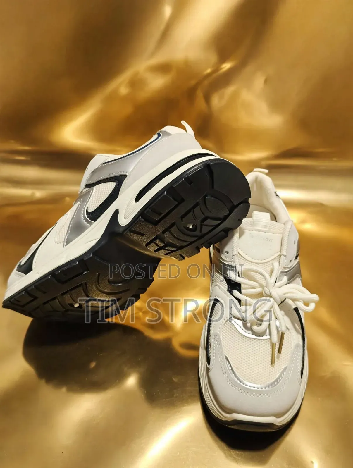 Luxury Chunky Sneakers - Off White With Navy Blue Silver 