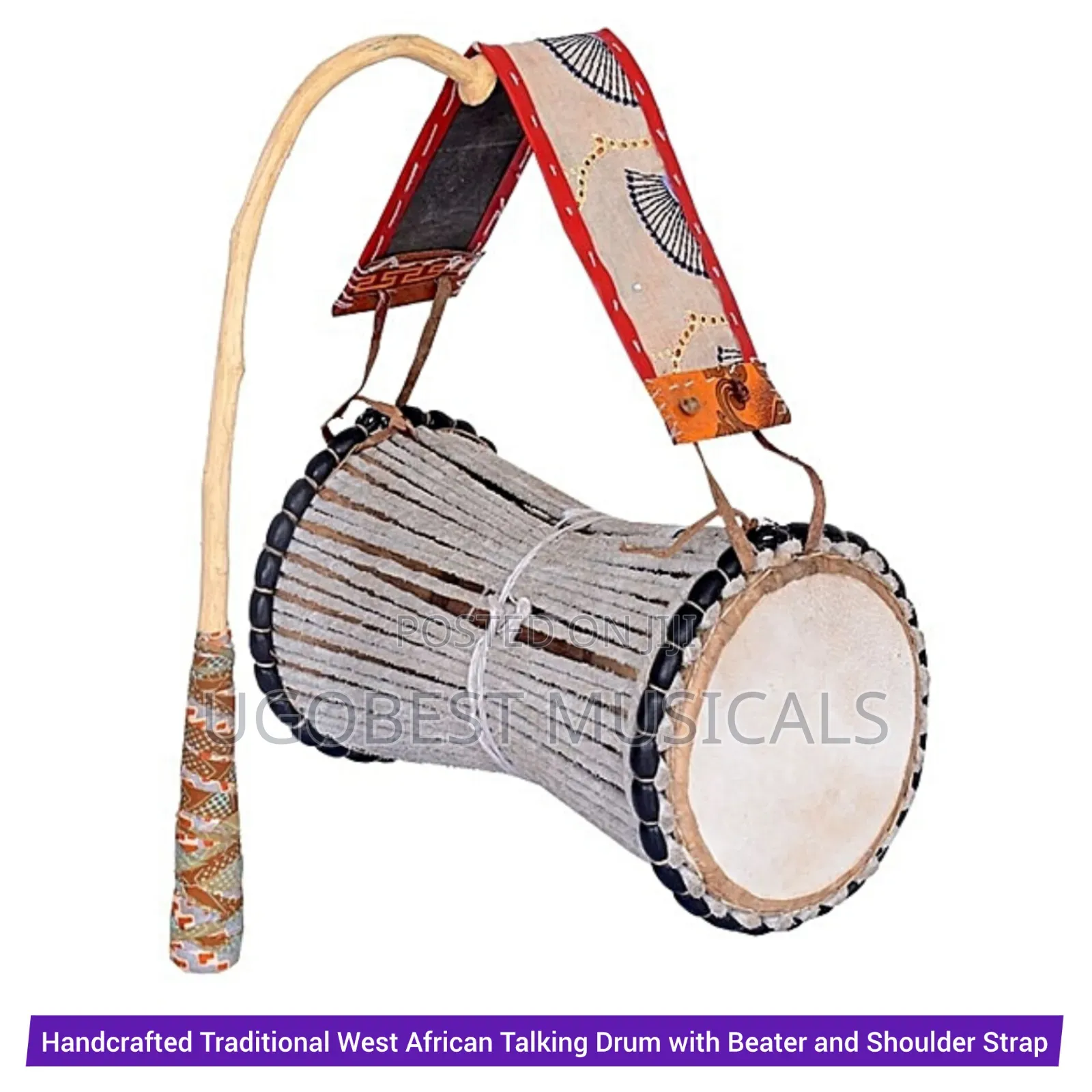 Handcrafted Traditional West African Talking Drum With Beater Strap