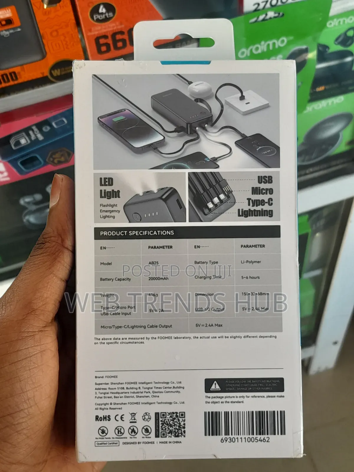 Foomee AB25 20000mAh PowerBank AB25 (Built-in Cables LED Light)