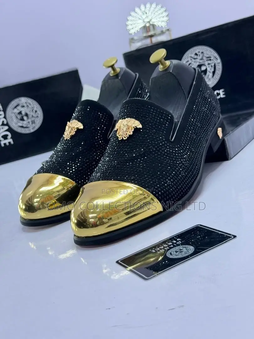 Versace Men's Black, Blue and White Shoes With Gold Accent-Fully Boxed