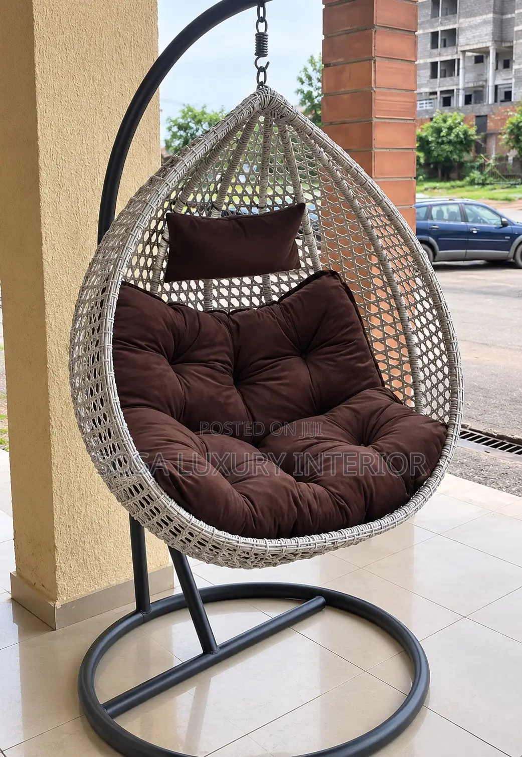 Premium Luxury White Hanging Swing Chair With Brown Cushion