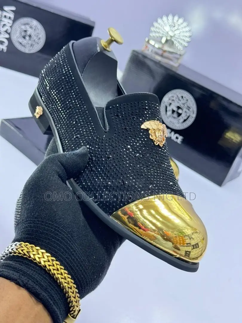 Versace Men's Black, Blue and White Shoes With Gold Accent-Fully Boxed