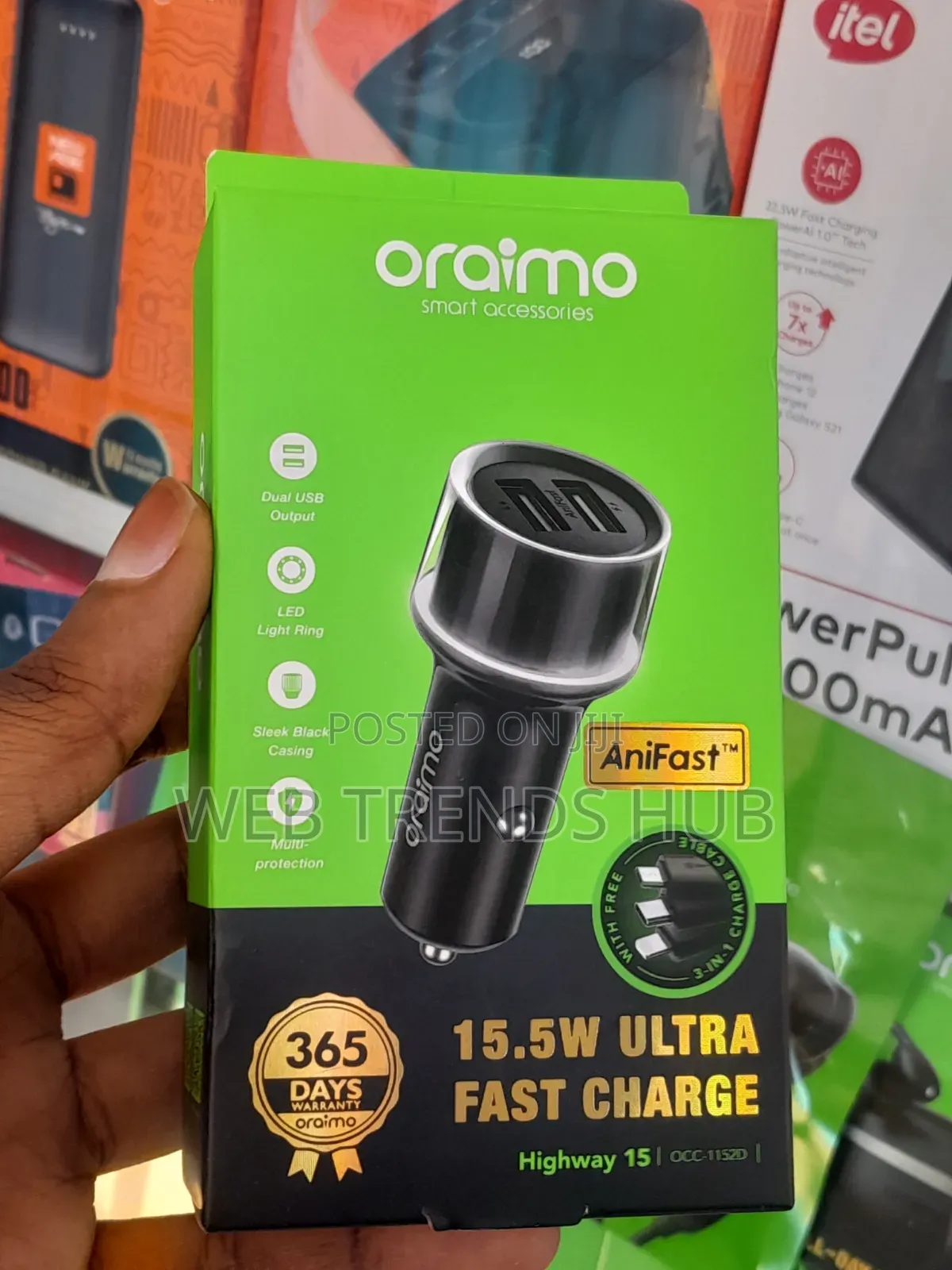 Oraimo Highway 15 Car Charger 15.5W Charge + 3-in-1 Cable (OCC-1152D)