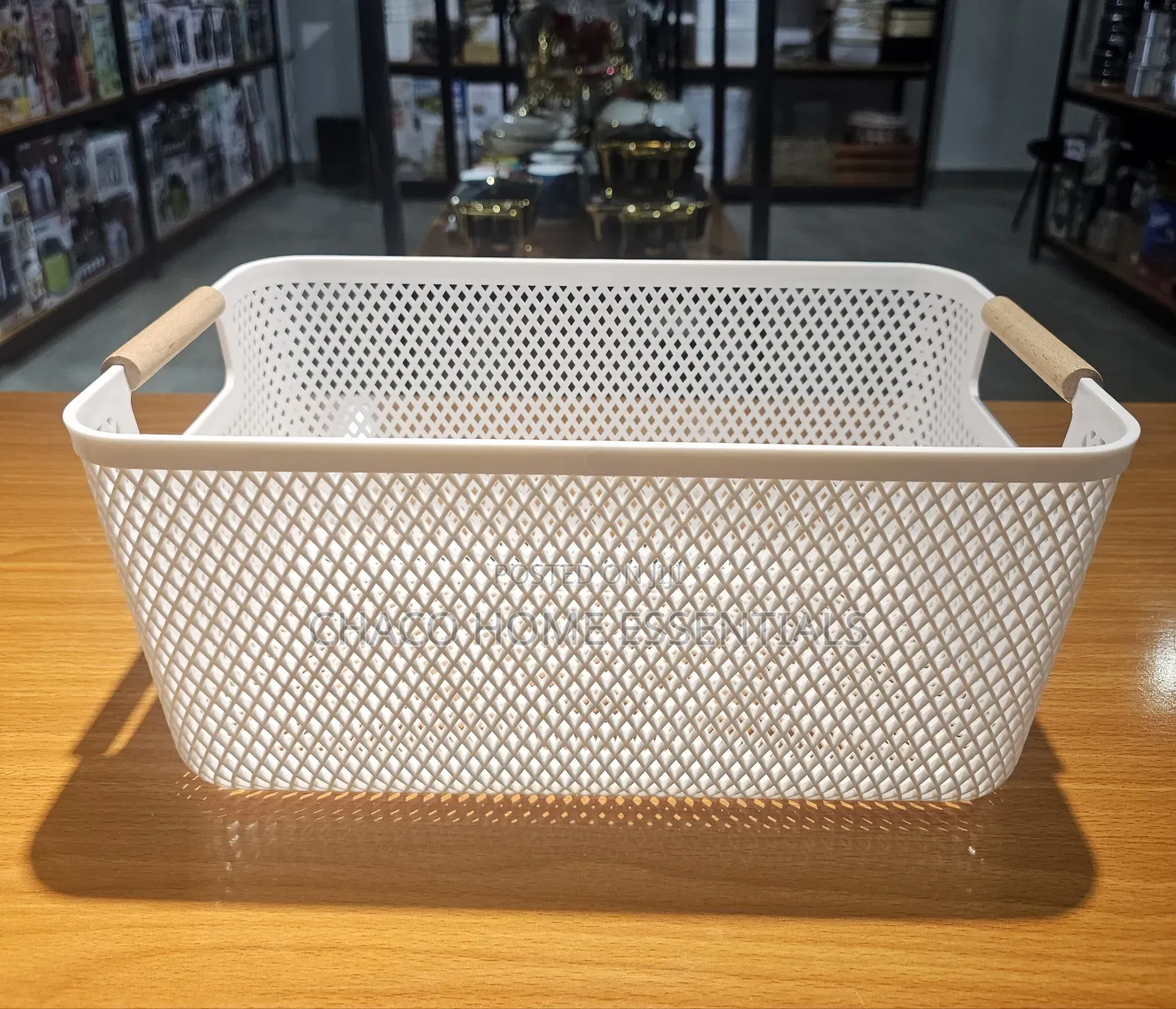 White Multipurpose Mesh Storage Basket With Wooden Handles