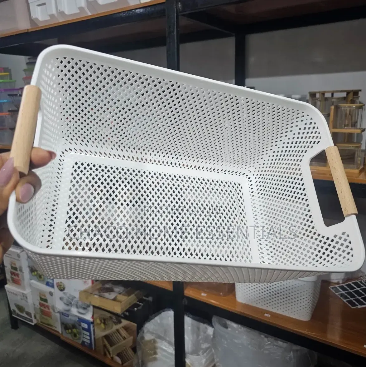 White Multipurpose Mesh Storage Basket With Wooden Handles