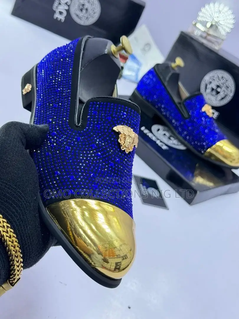 Versace Men's Black, Blue and White Shoes With Gold Accent-Fully Boxed