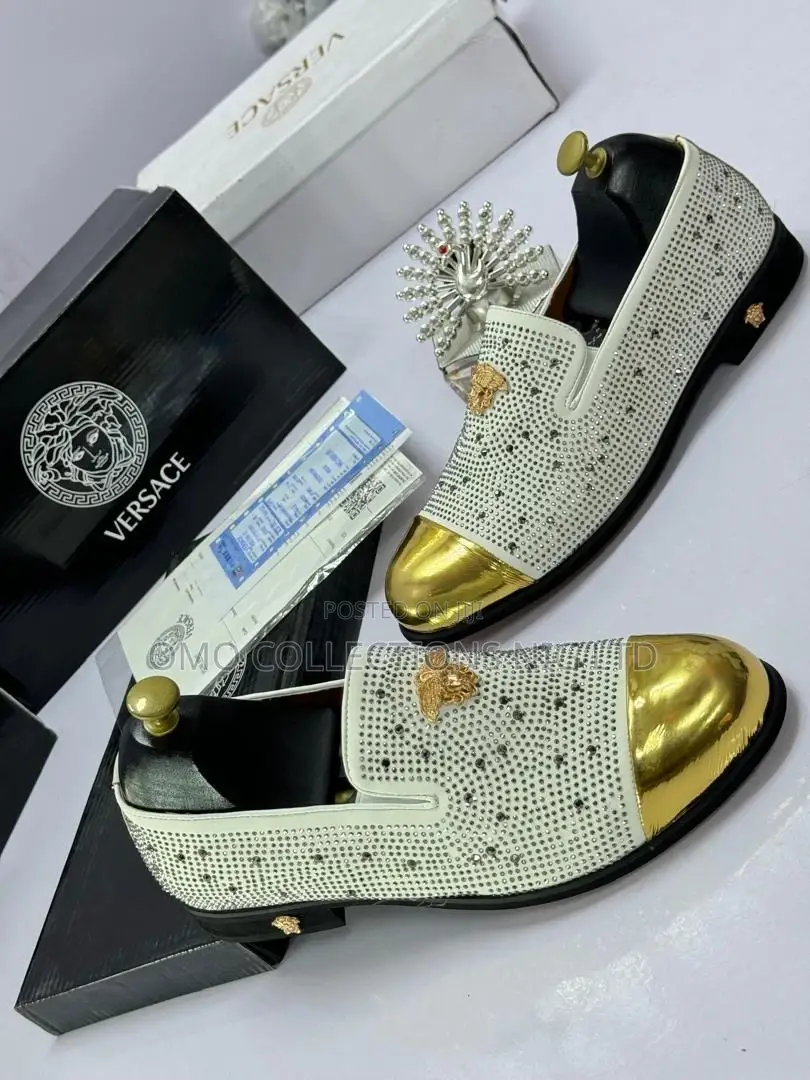 Versace Men's Black, Blue and White Shoes With Gold Accent-Fully Boxed