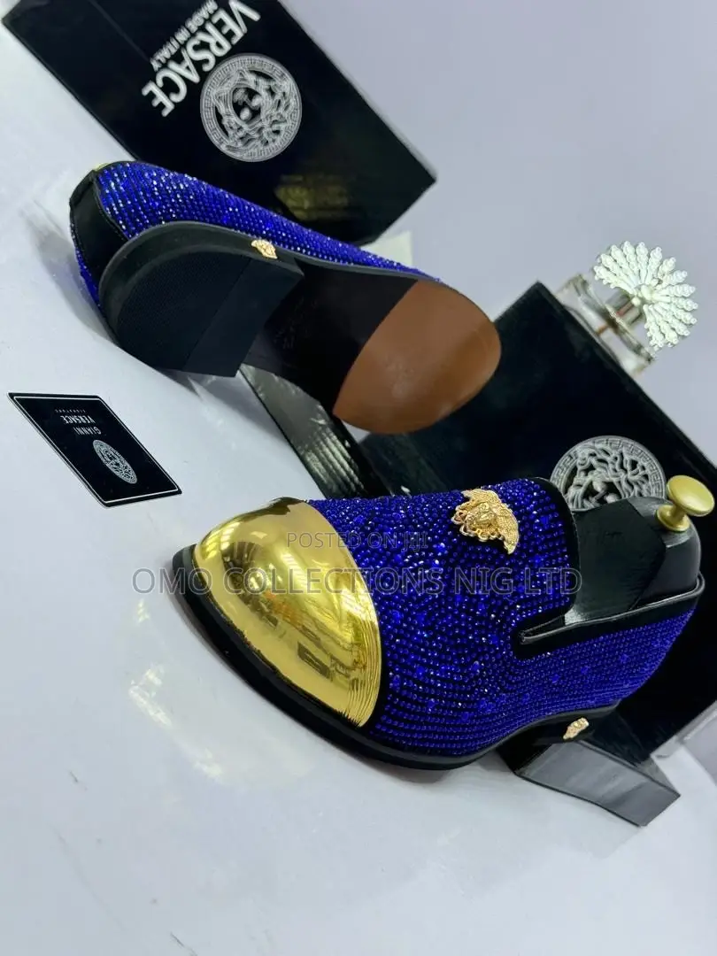 Versace Men's Black, Blue and White Shoes With Gold Accent-Fully Boxed