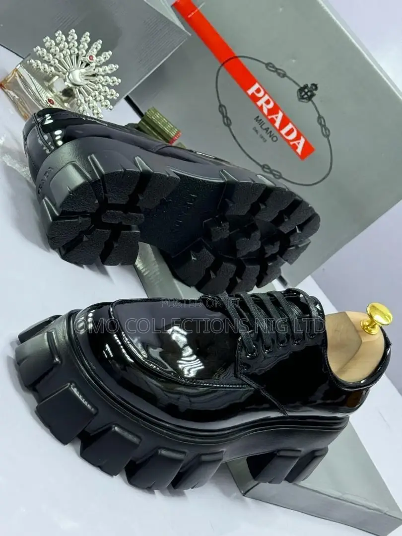 Prada Men's Black Patent Leather Shoes With Sole Laces - Fully Boxed