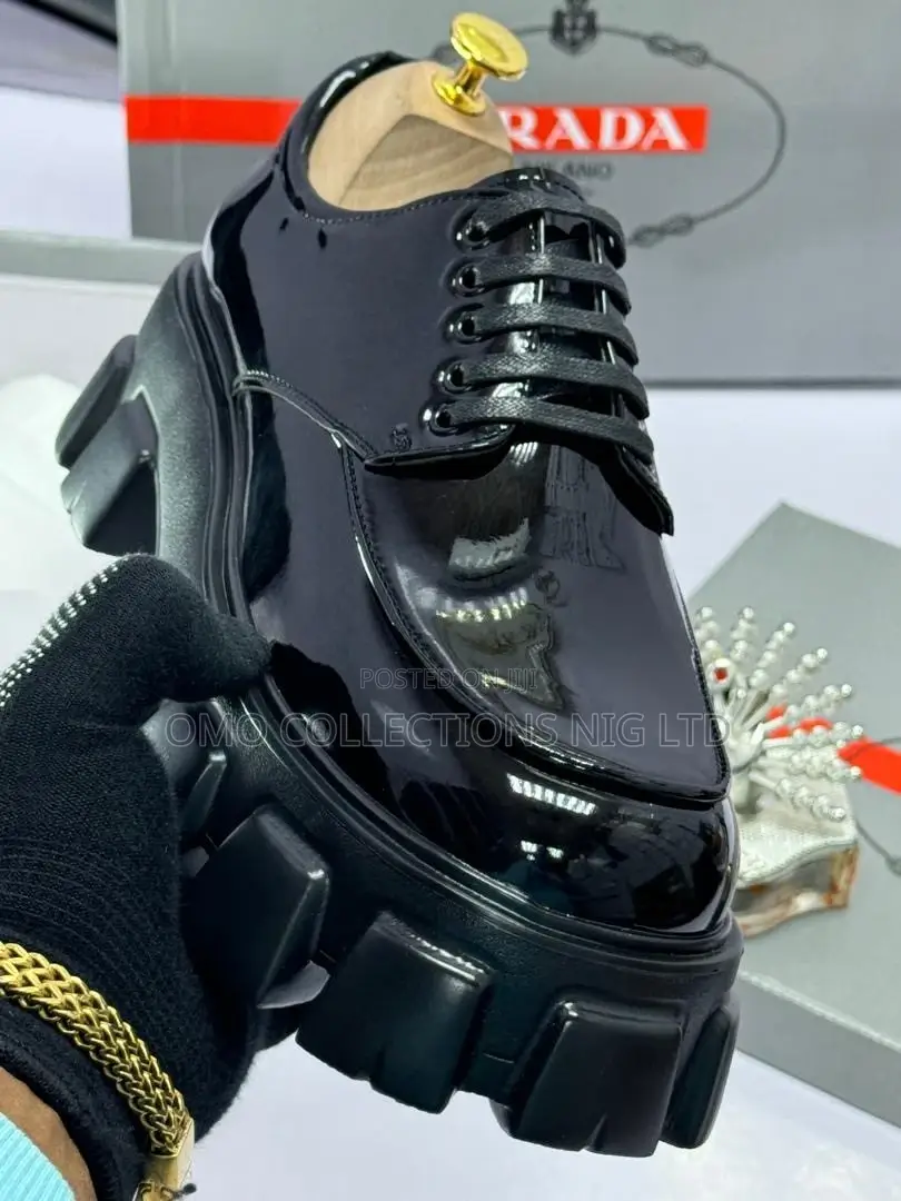 Prada Men's Black Patent Leather Shoes With Sole Laces - Fully Boxed