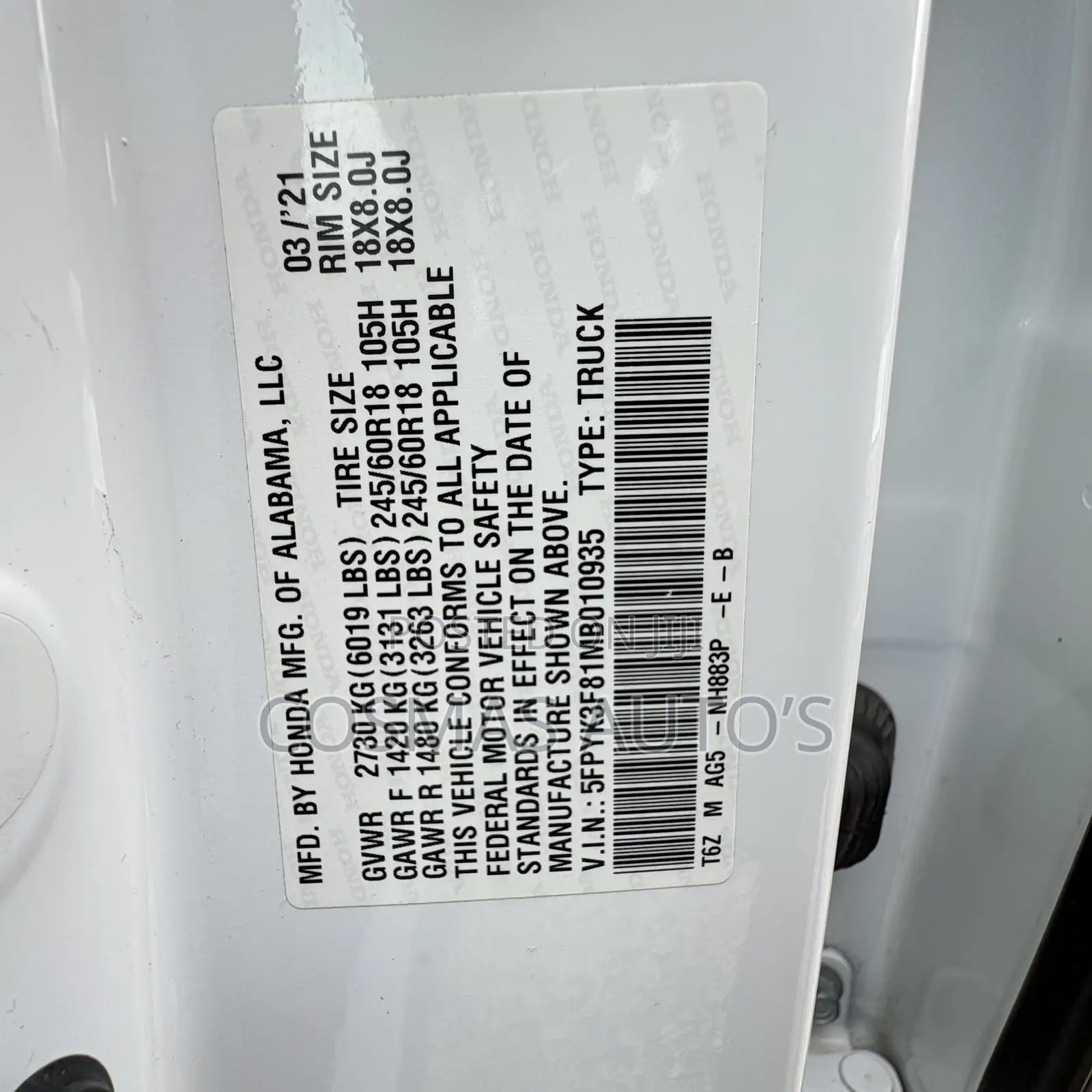 Honda Ridgeline Black Edition 2021 White