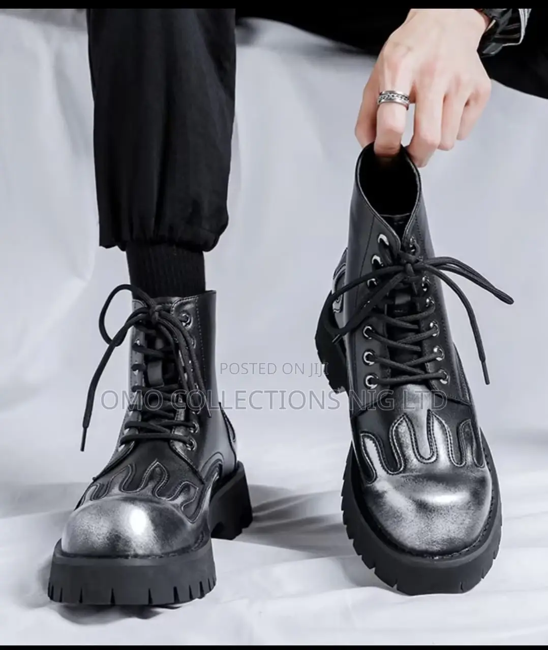 Men’s Black Leather Flame Detail Lace-Up Boots – Fully Boxed