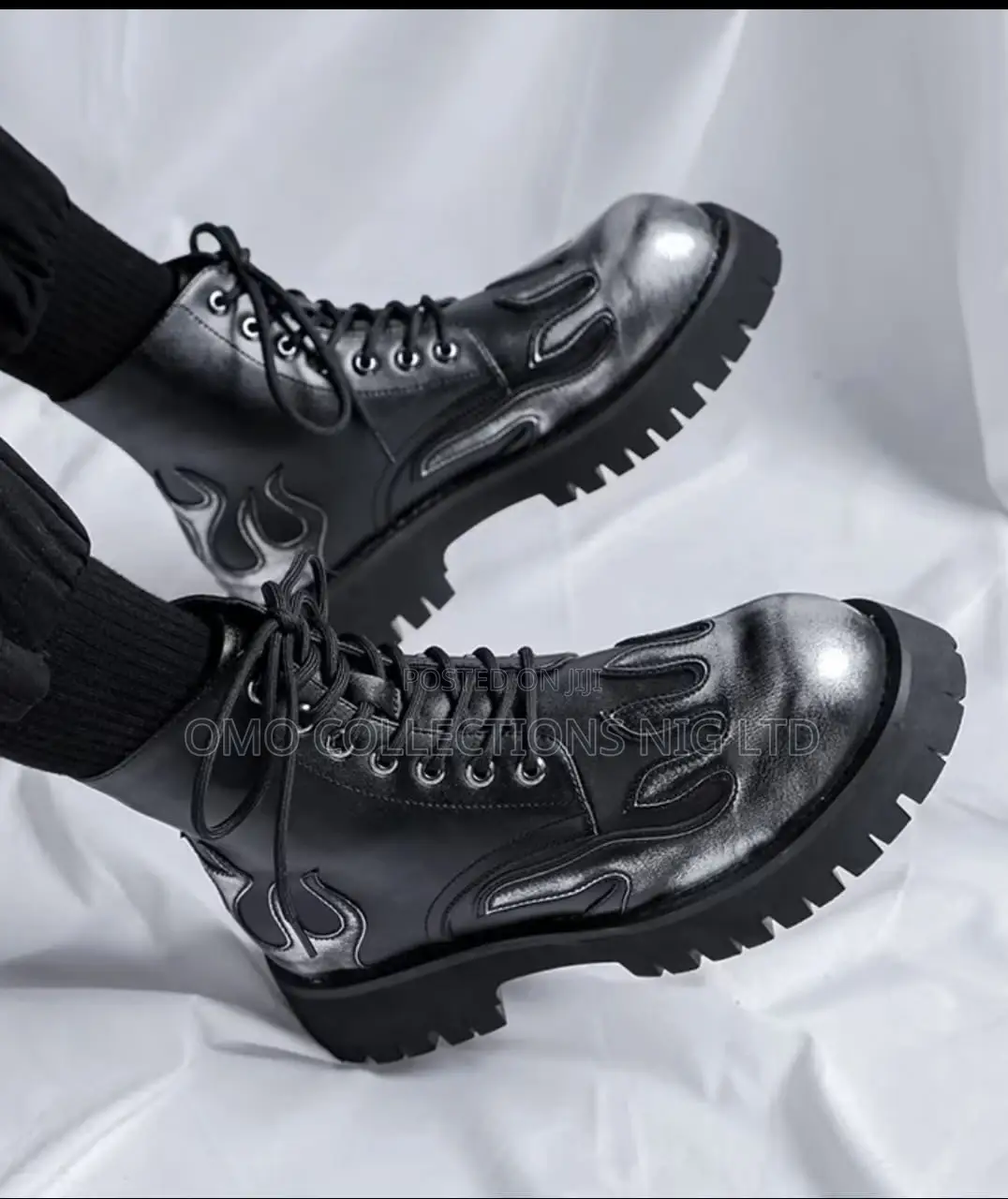Men’s Black Leather Flame Detail Lace-Up Boots – Fully Boxed