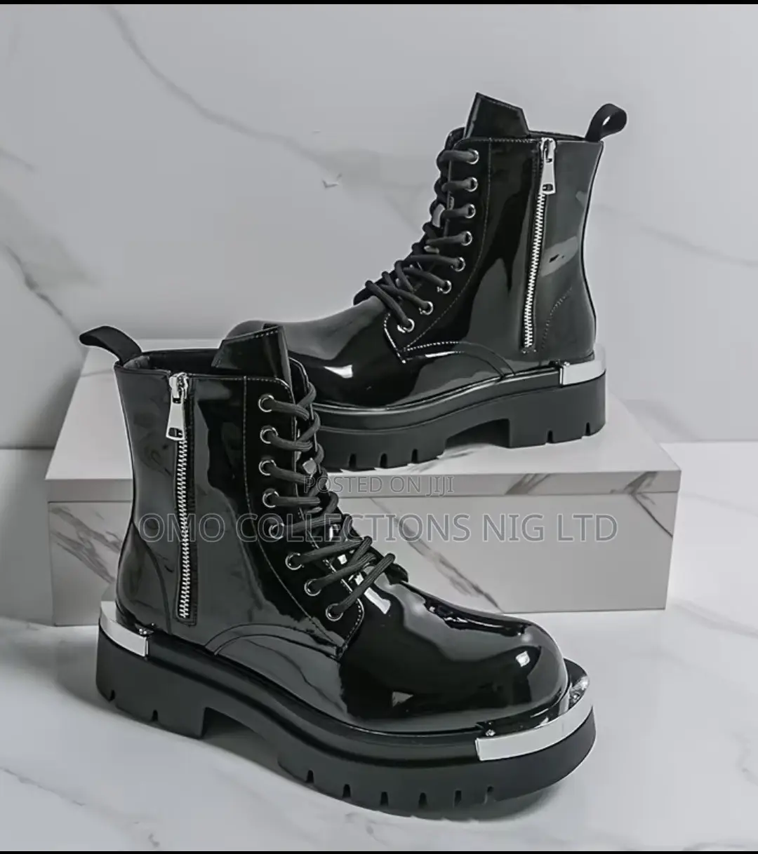 Men’s Black Leather Flame Detail Lace-Up Boots – Fully Boxed