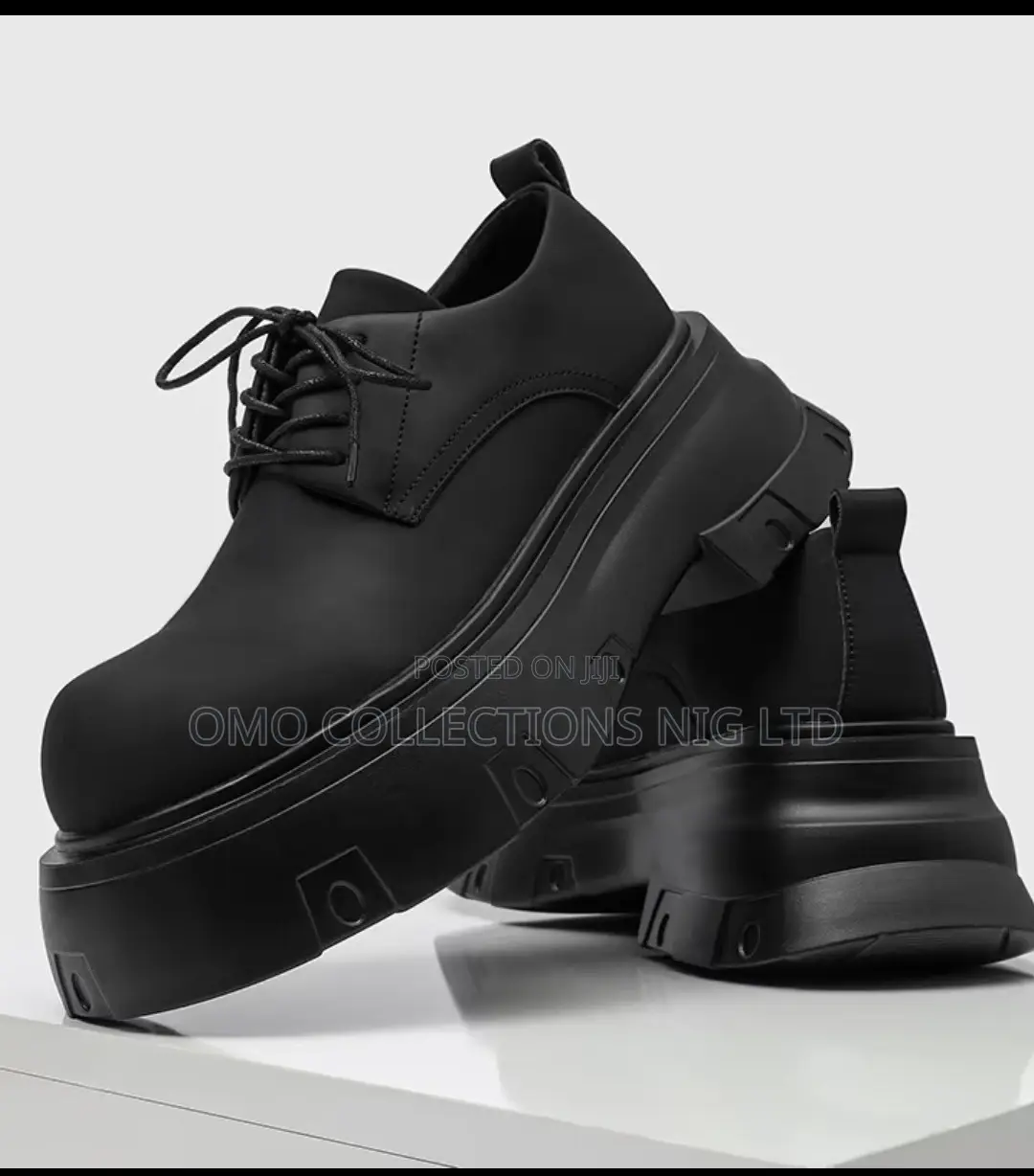 Italian Made Men’s Matte Black Faux Leather Lace-Up Platform Shoes