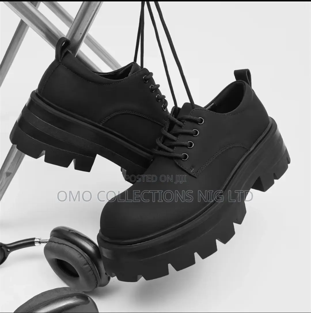 Italian Made Men’s Matte Black Faux Leather Lace-Up Platform Shoes