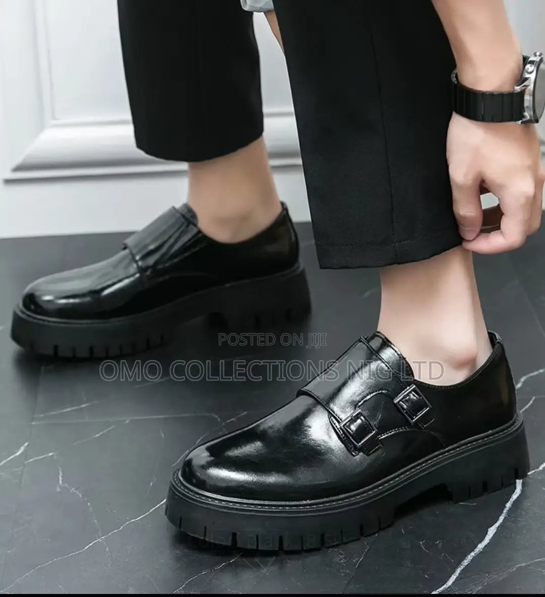 Men’s Glossy Black Leather Double-Strap Sole Loafers – Fully Boxed