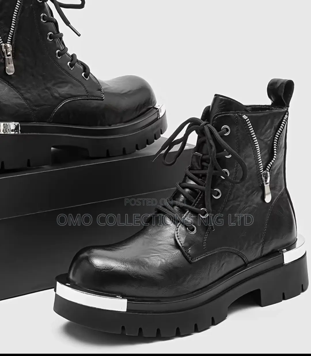 Italian Made Men’s Black Faux Leather Combat Boots With Zipper –