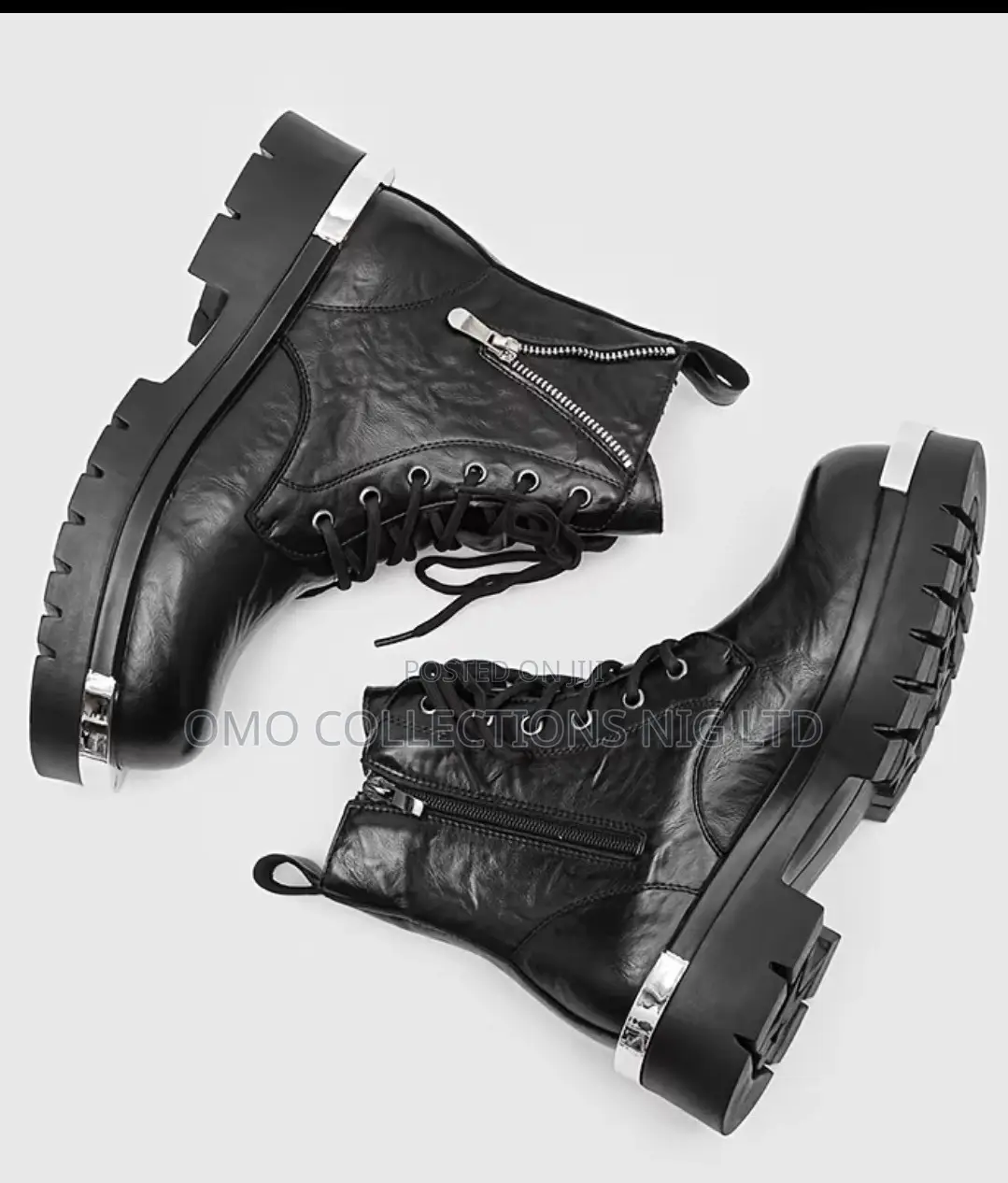 Italian Made Men’s Black Faux Leather Combat Boots With Zipper –